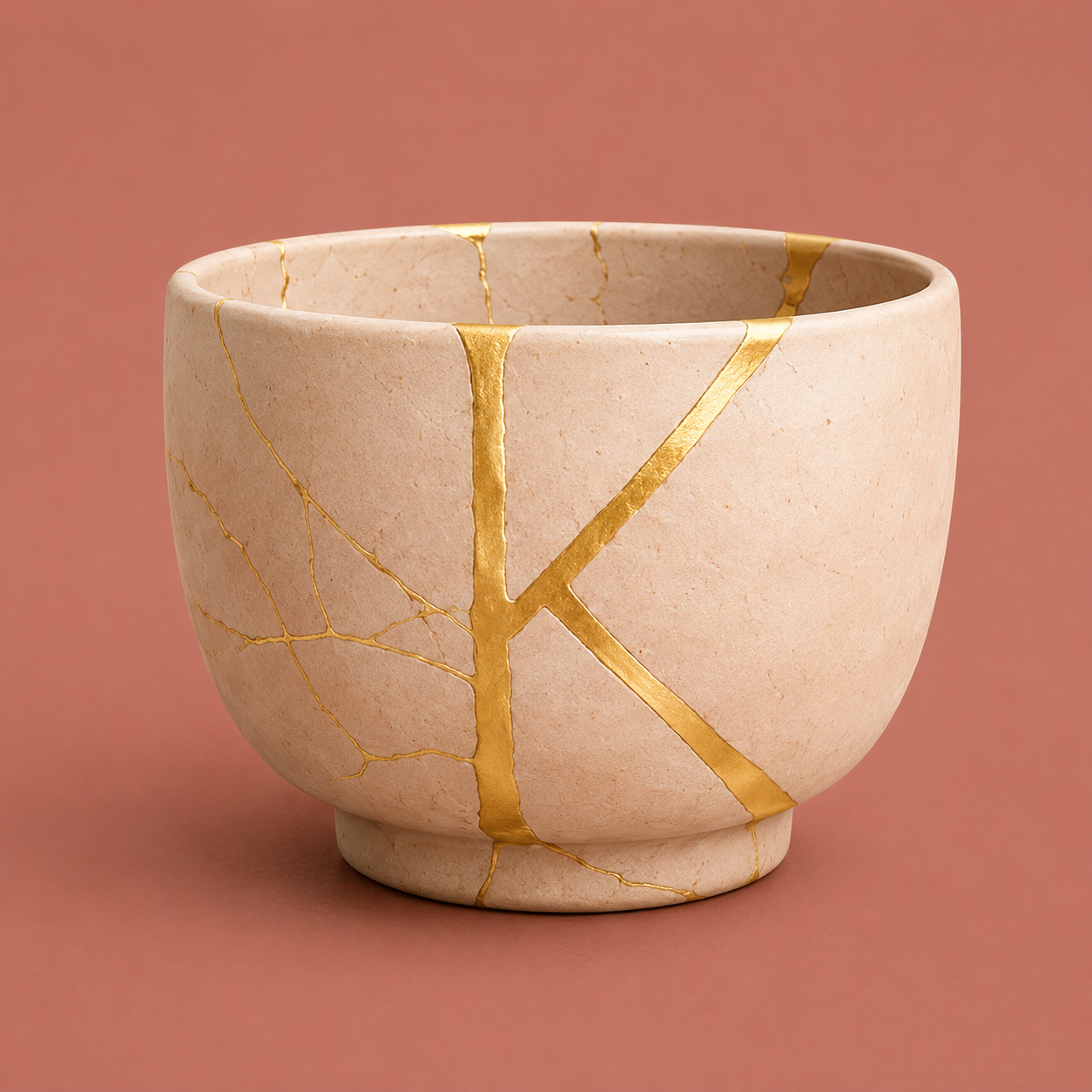 Kintsugi cup with gold kintsugi cracks forming a K
